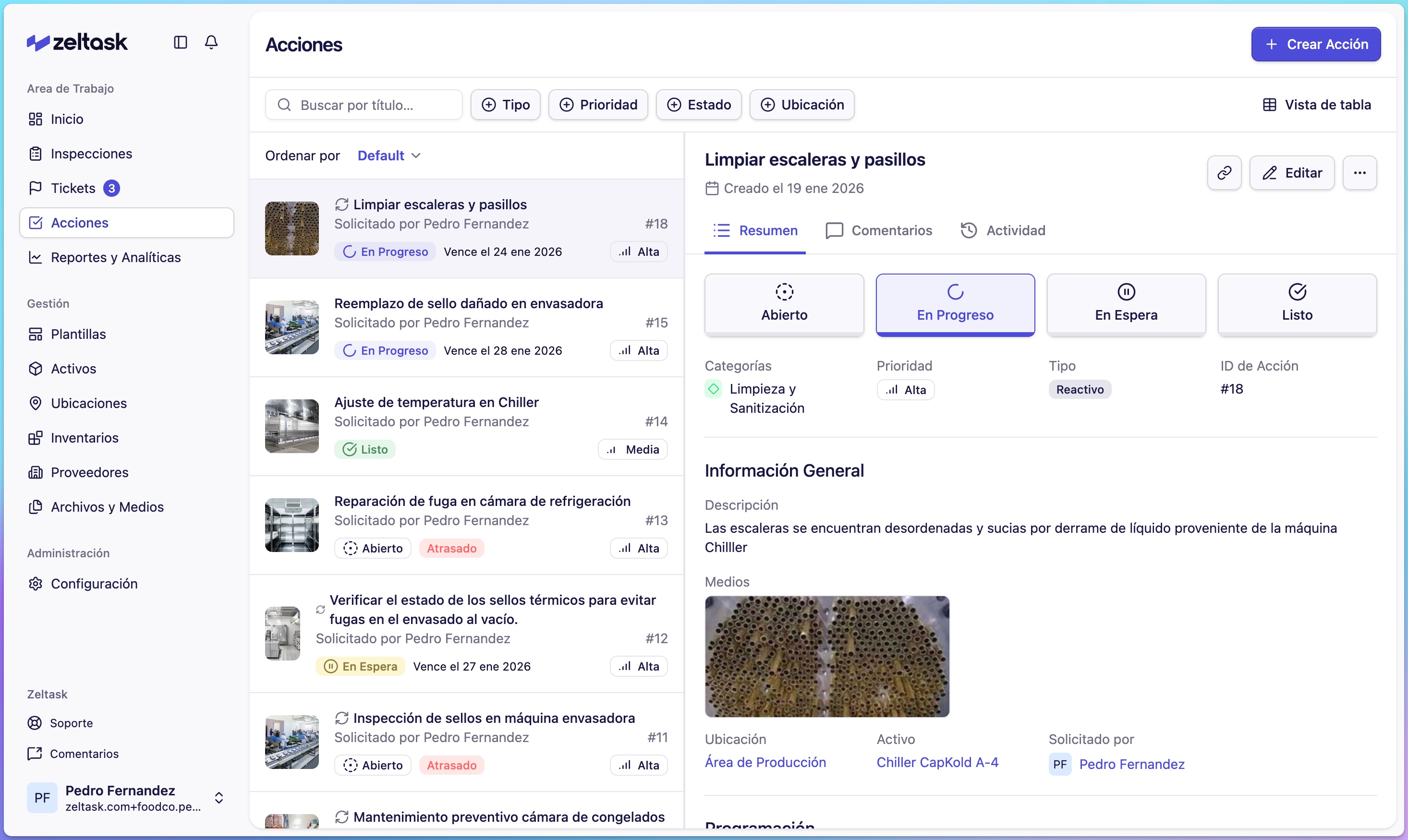 Action card showing title, status, priority, assigned user, and linked asset